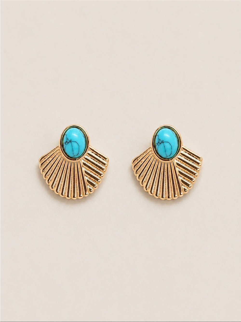 Gold Fan Turquoise Stone Stud Earrings